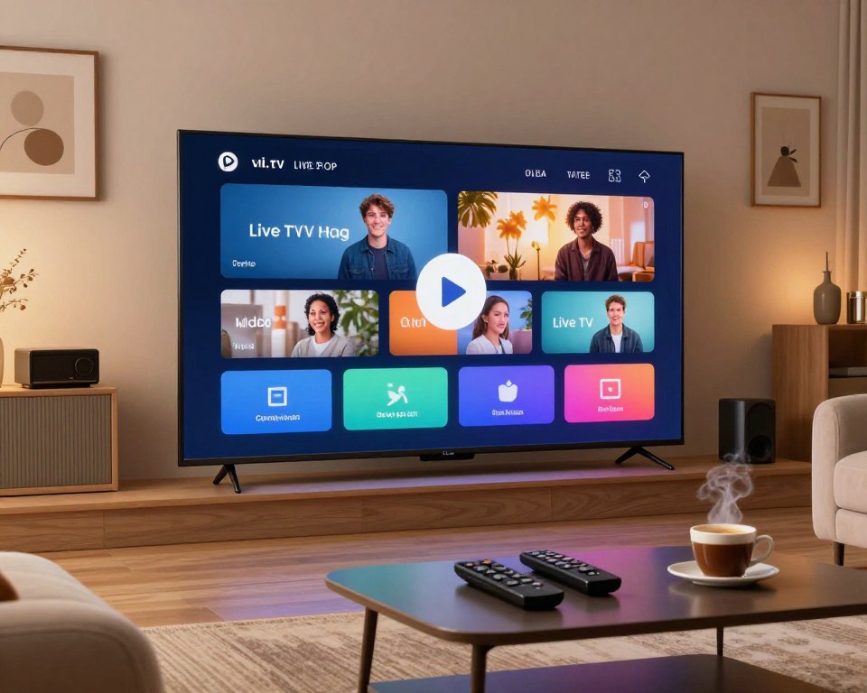 A sleek and modern multimedia player interface displayed on a large smart TV screen in a cozy yet sophisticated living room setting. In the foreground, focus on the vibrant user interface showcasing features like live TV, video on demand, and easy navigation icons with a play button symbol. In the middle, a stylish coffee table with remote controls and a steaming cup of coffee adds a touch of comfort, while a plush sofa can be seen. The background features a well-lit wall with tasteful decorations and home entertainment equipment, creating an inviting atmosphere. Soft, warm lighting enhances the mood, giving a contemporary feel, as if capturing a moment of family enjoyment through smart TV entertainment. Perfect for illustrating advanced multimedia features. A sleek and modern multimedia player interface displayed on a large smart TV screen in a cozy yet sophisticated living room setting. In the foreground, focus on the vibrant user interface showcasing features like live TV, video on demand, and easy navigation icons with a play button symbol. In the middle, a stylish coffee table with remote controls and a steaming cup of coffee adds a touch of comfort, while a plush sofa can be seen. The background features a well-lit wall with tasteful decorations and home entertainment equipment, creating an inviting atmosphere. Soft, warm lighting enhances the mood, giving a contemporary feel, as if capturing a moment of family enjoyment through smart TV entertainment. Perfect for illustrating advanced multimedia features.