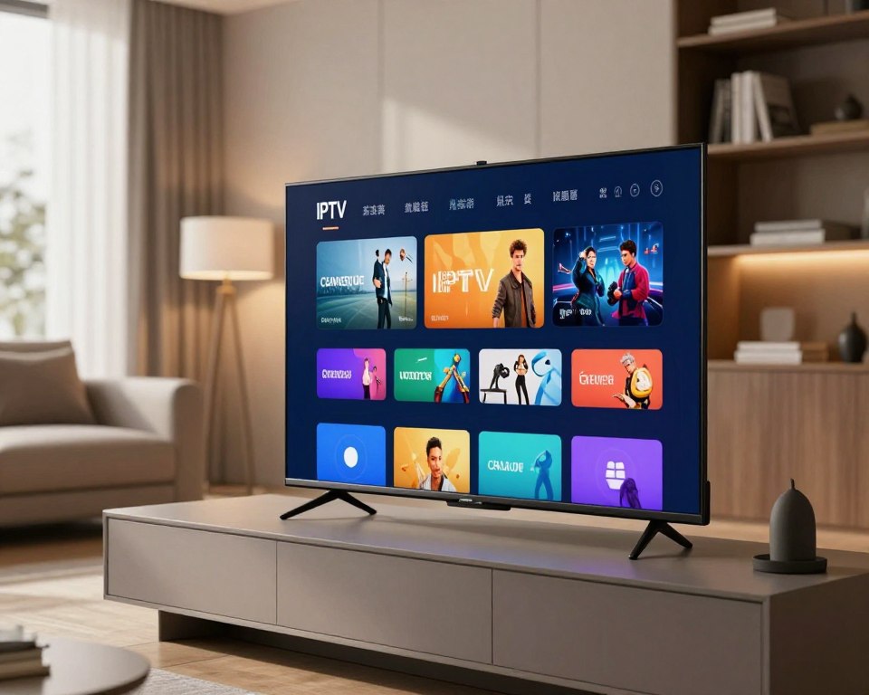 A sleek and modern user interface for an IPTV Stream Player displayed on a high-definition flat-screen television, situated on a stylish, minimalist entertainment center. In the foreground, the screen showcases a vibrant and intuitive app layout, featuring colorful icons for various streaming services. The middle ground includes a contemporary living room setting, with comfortable seating and ambient lighting that creates a warm atmosphere. Soft natural light filters through the window, enhancing the inviting mood. The background features a subtle bookshelf, adding a touch of sophistication. The scene is captured at a slight angle, providing depth while emphasizing the focus on the IPTV player interface.