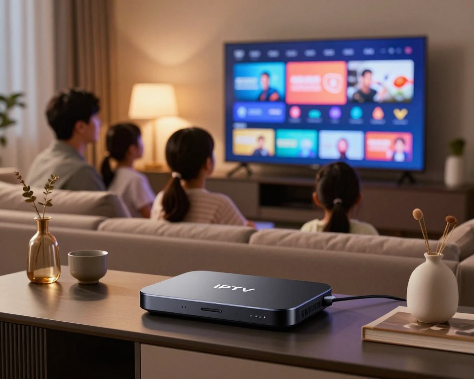 A sleek, modern IPTV box sits prominently on a stylish entertainment center in the foreground, surrounded by a few elegant decorative items. The box is connected to a large flat-screen TV displaying a vibrant, colorful digital interface showcasing various streaming options. In the middle ground, a family of four is seated comfortably on a contemporary couch, their faces illuminated by the soft glow of the television, engaged in watching a show together. The background features a cozy living room setting with warm lighting and subtle shadows, adding to a welcoming atmosphere. The scene captures a sense of technological ease and togetherness, highlighting the convenience and accessibility of IPTV solutions. The overall mood is inviting and modern, with a focus on family entertainment.
