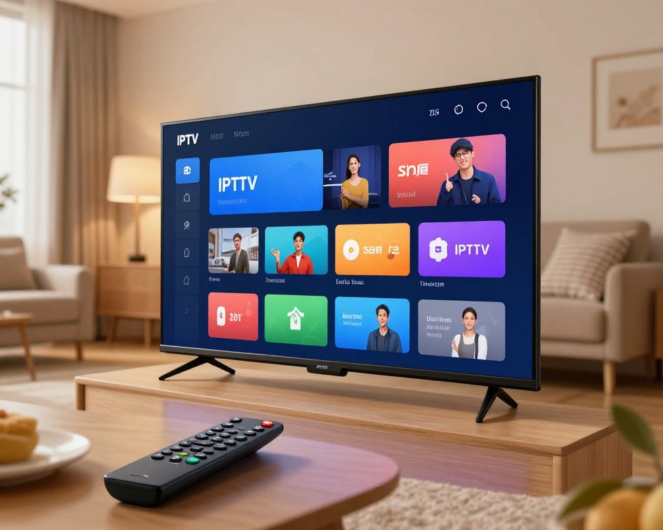 A sleek, modern digital interface showcasing an IPTV application on a high-definition smart TV screen. In the foreground, a user-friendly remote control with intuitive buttons lays beside the TV. The middle ground features the smart TV displaying a vibrant, organized menu with easy navigation options. The background is a cozy living room setting, softly lit by warm ambient lighting, creating a comfortable atmosphere. The composition should use a wide-angle view to capture the spaciousness of the room. Ensure the colors are bright yet soothing, reflecting simplicity and ease of use while inviting viewers into a seamless viewing experience. The overall mood is inviting and user-centric, emphasizing effortless interaction with technology without any distractions or text.