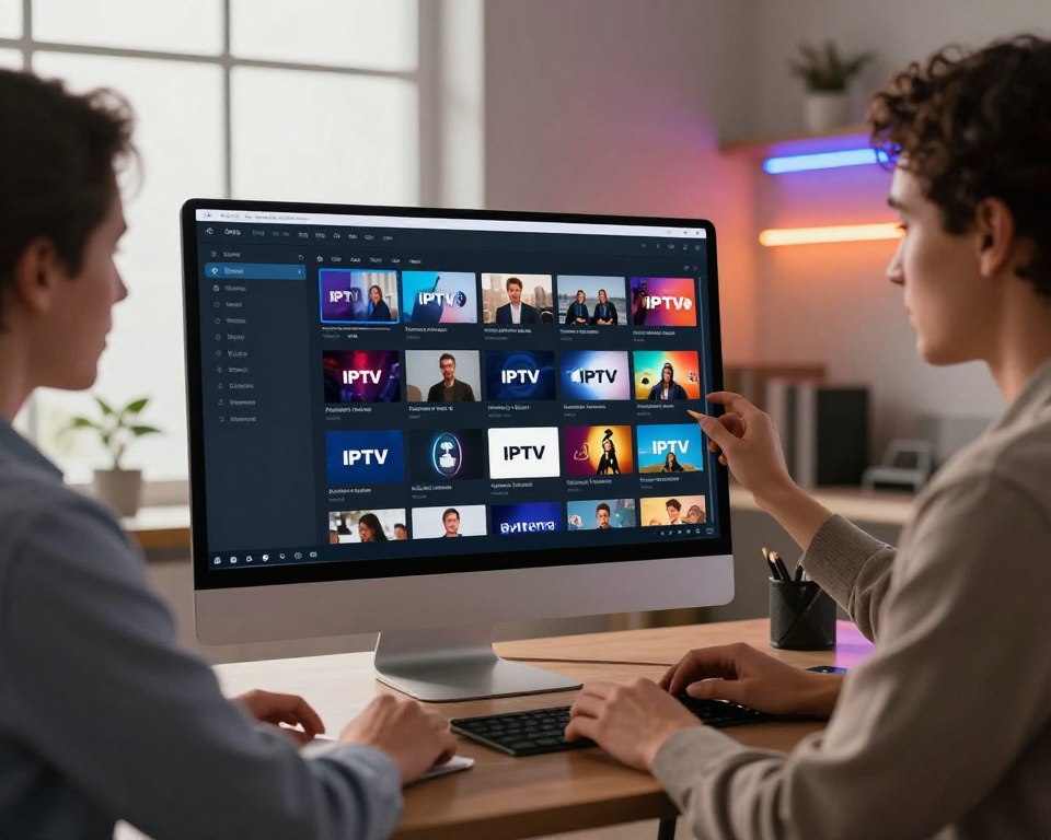 A sleek, modern home office setting, focused on a large computer screen displaying a well-organized playlist of IPTV channels. In the foreground, a person dressed in professional business attire is seated at a stylish desk, their expression focused and engaged, adjusting settings on the screen. The middle ground features a large window with soft, natural light filtering in, enhancing a warm and inviting atmosphere. Strings of vibrant LED lights are visible in the background, adding a tech-savvy flair to the scene. The overall mood is productive and optimistic, conveying the essence of optimizing IPTV for a smart television experience. The angle captures both the individual and the screen prominently, showcasing the importance of stable connections.