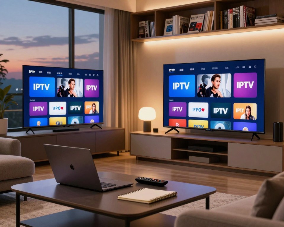 A sleek, modern home office setup showcasing a high-definition TV displaying an IPTV interface on the screen, with vibrant channels streaming. The foreground features a stylish coffee table with a laptop, remote control, and a notebook, portraying a relaxed testing environment. In the middle, a comfortable couch invites viewers to engage with the content, with a backdrop of a well-organized bookshelf laden with tech magazines and entertainment materials. Soft, warm lighting enhances a cozy and professional atmosphere, while the evening sky is slightly visible through a large window, suggesting a tranquil test session. The scene embodies curiosity and tech-savvy enjoyment without human figures, emphasizing the IPTV experience.