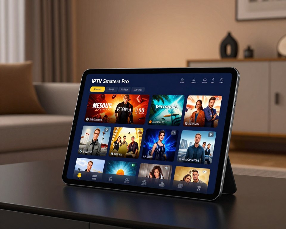 A sleek, modern interface of IPTV Smarters Pro showcased on a vivid high-resolution tablet screen, prominently displayed in the foreground. The device features a clean layout with vibrant thumbnails of various streaming shows and movies, emphasizing user-friendly navigation. The middle ground includes a stylish living room setting with a cozy couch and contemporary decor, hinting at a premium viewing experience. The background features soft ambient lighting that creates a comfortable, inviting atmosphere, with warm tones reflecting on the walls. The image is captured from a slightly elevated angle, enhancing the perspective of the interface while drawing focus to the seamless design and usability of the IPTV Smarters Pro platform. The overall mood should convey sophistication, ease of use, and an enjoyable streaming experience.