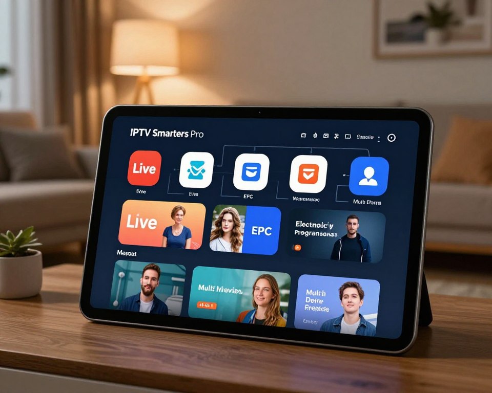 A sleek, modern interface showcasing the advanced features of the IPTV Smarters Pro application. In the foreground, a large tablet displays vibrant app icons representing functionalities such as live streaming, EPG (Electronic Program Guide), and multi-device support. The middle ground features an illustrated flowchart connecting these icons, emphasizing interactivity and user-friendliness. In the background, a cozy living room with soft ambient lighting creates an inviting atmosphere, suggesting a high-tech entertainment space. The scene is captured with a wide-angle lens to highlight both the device and the home setting, while warm, inviting colors enhance the mood of a premium viewing experience. The overall composition conveys innovation and ease of use, catering to tech-savvy users.