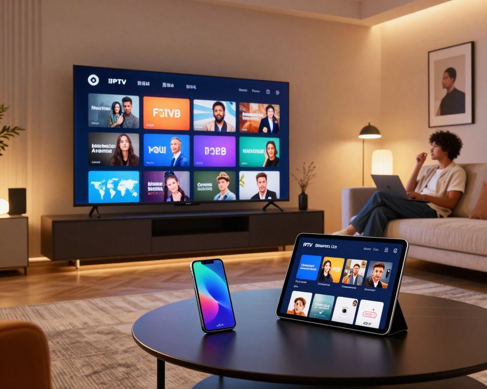 A sleek, modern living room featuring a large, high-definition television displaying various streaming icons symbolizing diverse content from around the world. In the foreground, a stylish coffee table with a smartphone and a tablet displaying the IPTV Smarters Lite interface, showcasing its user-friendly and intuitive design. The middle ground includes a comfortable sofa with a couple of people dressed in smart casual attire, appearing engaged and entertained while watching content. The background is adorned with contemporary artwork and warm ambient lighting that creates an inviting atmosphere. The scene is captured with a wide-angle lens, emphasizing the unity of technology and comfort in a universal streaming experience. Soft, warm tones dominate the color palette, evoking a sense of accessibility and global connectivity. A sleek, modern living room featuring a large, high-definition television displaying various streaming icons symbolizing diverse content from around the world. In the foreground, a stylish coffee table with a smartphone and a tablet displaying the IPTV Smarters Lite interface, showcasing its user-friendly and intuitive design. The middle ground includes a comfortable sofa with a couple of people dressed in smart casual attire, appearing engaged and entertained while watching content. The background is adorned with contemporary artwork and warm ambient lighting that creates an inviting atmosphere. The scene is captured with a wide-angle lens, emphasizing the unity of technology and comfort in a universal streaming experience. Soft, warm tones dominate the color palette, evoking a sense of accessibility and global connectivity.