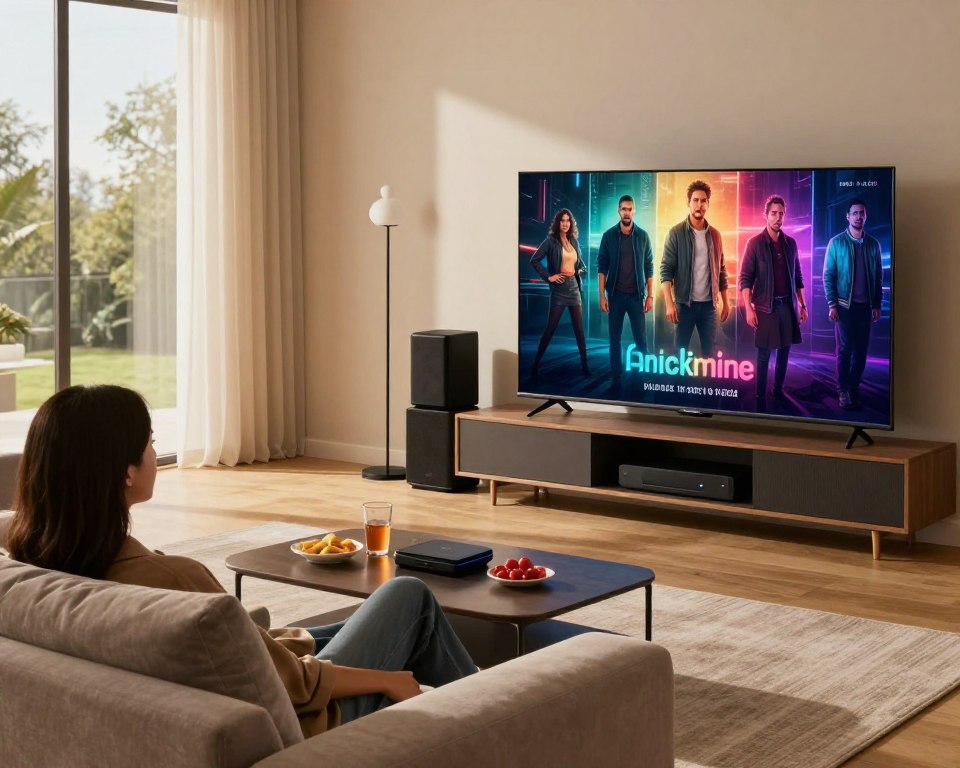 A sleek, modern living room set up for an immersive streaming experience. In the foreground, a high-definition flat-screen TV displays vibrant scenes from popular shows, showcasing sharp resolution and dynamic colors. A comfortable couch with soft textures invites viewers to sit back and enjoy. In the middle ground, a stylish entertainment center houses various streaming devices and a sound system, emphasizing fluid connectivity. The background features large windows with natural light streaming in, creating a warm and inviting atmosphere. Soft, ambient lighting enhances the mood, while the arrangement suggests a perfect blend of technology and comfort. Include elements like a coffee table with snacks and drinks, reflecting a cozy viewing experience ideal for enjoying stable and fluid streaming quality. A sleek, modern living room set up for an immersive streaming experience. In the foreground, a high-definition flat-screen TV displays vibrant scenes from popular shows, showcasing sharp resolution and dynamic colors. A comfortable couch with soft textures invites viewers to sit back and enjoy. In the middle ground, a stylish entertainment center houses various streaming devices and a sound system, emphasizing fluid connectivity. The background features large windows with natural light streaming in, creating a warm and inviting atmosphere. Soft, ambient lighting enhances the mood, while the arrangement suggests a perfect blend of technology and comfort. Include elements like a coffee table with snacks and drinks, reflecting a cozy viewing experience ideal for enjoying stable and fluid streaming quality.