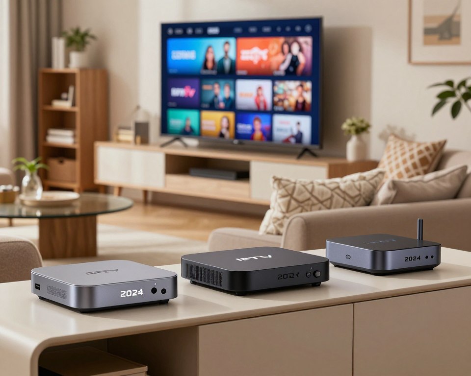 A sleek, modern living room showcasing a selection of top IPTV streaming boxes for 2024, arranged neatly on a stylish entertainment center. In the foreground, focus on three different boîtiers in various colors and designs, emphasizing their sleek shapes and modern features. The middle ground features a large flat-screen TV displaying vibrant streaming options, while a cozy sofa with decorative throw pillows invites viewers in. The background includes subtle decor like a bookshelf and plants, enhancing the homey atmosphere. Soft, natural lighting illuminates the scene, casting gentle shadows for depth. The overall mood is contemporary, inviting, and tech-savvy, perfect for a cutting-edge viewing experience.