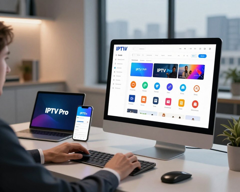 A sleek, modern workspace depicting a guide configuration application for IPTV services. In the foreground, a computer screen displays a clean and user-friendly interface, with vibrant icons representing various IPTV features. A hand in a professional business attire is using a mouse to navigate the application. The middle ground showcases a stylish desk with a tablet and a smartphone, each with the IPTV Pro logo visible on their screens, creating an engaging display of technology. In the background, soft ambient lighting illuminates the room, enhancing the atmosphere of productivity and innovation. A blurred city skyline can be seen through a large window, adding depth to the scene. The overall mood is professional, modern, and conducive to learning, inviting viewers to explore the IPTV Pro service. A sleek, modern workspace depicting a guide configuration application for IPTV services. In the foreground, a computer screen displays a clean and user-friendly interface, with vibrant icons representing various IPTV features. A hand in a professional business attire is using a mouse to navigate the application. The middle ground showcases a stylish desk with a tablet and a smartphone, each with the IPTV Pro logo visible on their screens, creating an engaging display of technology. In the background, soft ambient lighting illuminates the room, enhancing the atmosphere of productivity and innovation. A blurred city skyline can be seen through a large window, adding depth to the scene. The overall mood is professional, modern, and conducive to learning, inviting viewers to explore the IPTV Pro service.
