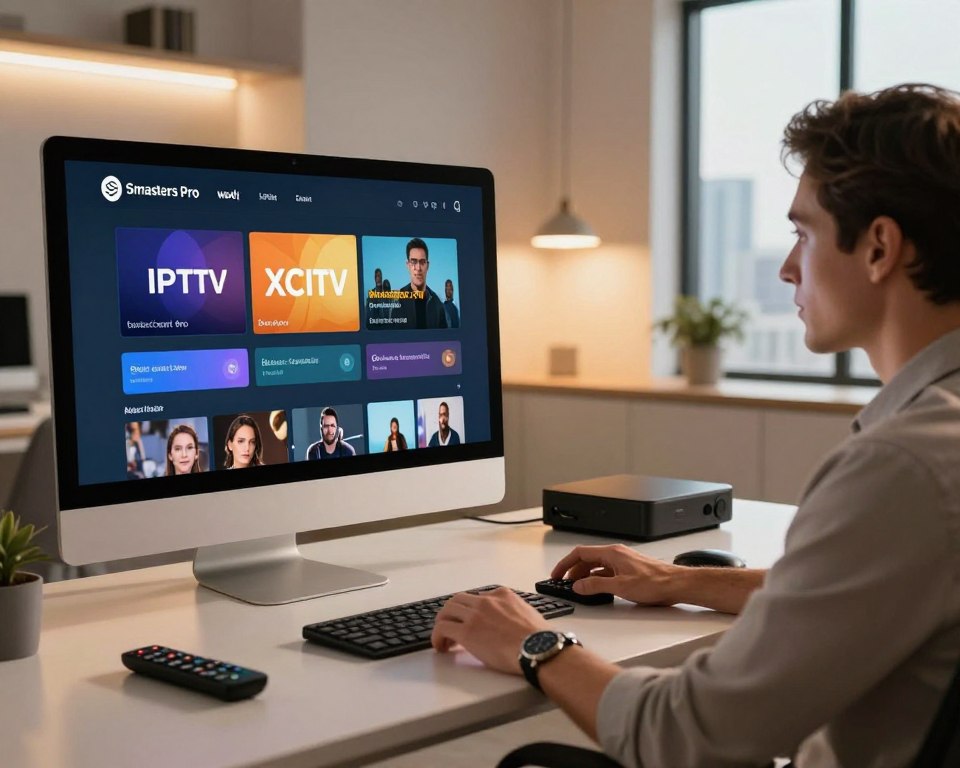 A sleek, modern workspace featuring a large computer screen displaying an IPTV application interface, like Smarters Pro and XCIPTV. In the foreground, a professional-looking individual, dressed in business casual attire, interacts with the software, their expression focused and engaged. The middle ground depicts a stylish desk with IPTV-related gadgets, remote controls, and streaming devices. In the background, a softly lit room with minimalist decor and a large window showing a cityscape, creating an inviting atmosphere. Warm, ambient lighting enhances the professional setting and creates a sense of modern technology. The overall mood conveys efficiency and sophistication in the world of IPTV applications. A sleek, modern workspace featuring a large computer screen displaying an IPTV application interface, like Smarters Pro and XCIPTV. In the foreground, a professional-looking individual, dressed in business casual attire, interacts with the software, their expression focused and engaged. The middle ground depicts a stylish desk with IPTV-related gadgets, remote controls, and streaming devices. In the background, a softly lit room with minimalist decor and a large window showing a cityscape, creating an inviting atmosphere. Warm, ambient lighting enhances the professional setting and creates a sense of modern technology. The overall mood conveys efficiency and sophistication in the world of IPTV applications.