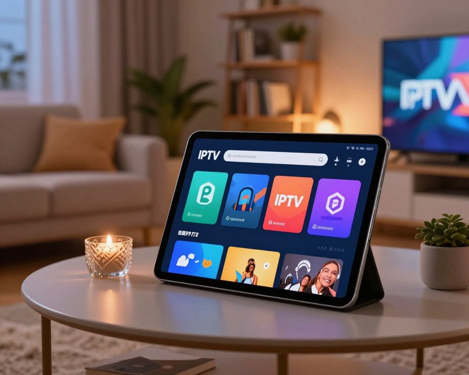 A sleek, vibrant digital representation of the IPTV Smarters Pro application interface displayed on a modern tablet. In the foreground, focus on the tablet, showcasing the app’s user-friendly interface with colorful icons and an attractive layout. The middle ground features a stylish living room environment, with a cozy sofa and a decorative coffee table, evoking a sense of comfort and leisure. In the background, subtle hints of a smart TV and shelves adorned with books and plants create a warm, inviting atmosphere. The lighting is soft and diffused, emanating a cozy evening glow. Use a wide-angle lens effect to capture the entirety of this scene, emphasizing the integration of technology into everyday life, perfect for users considering IPTV solutions.