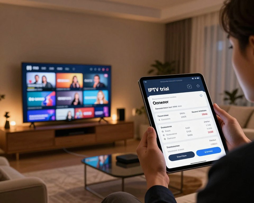 A split-screen comparison image showcasing a home entertainment setup for IPTV testing. On the left side, a modern living room with a sleek television displaying various IPTV channels, surrounded by comfortable seating and dim ambient lighting. On the right side, a digital interface on a tablet or smartphone showcasing subscription options and pricing, held by a professional in business attire. The background should feature subtle hints of technology, like streaming devices or cables, to enhance the theme of digital entertainment. Use a warm color palette to evoke a cozy atmosphere and soft focus for a polished, inviting look, emphasizing the choices available after a free IPTV trial.