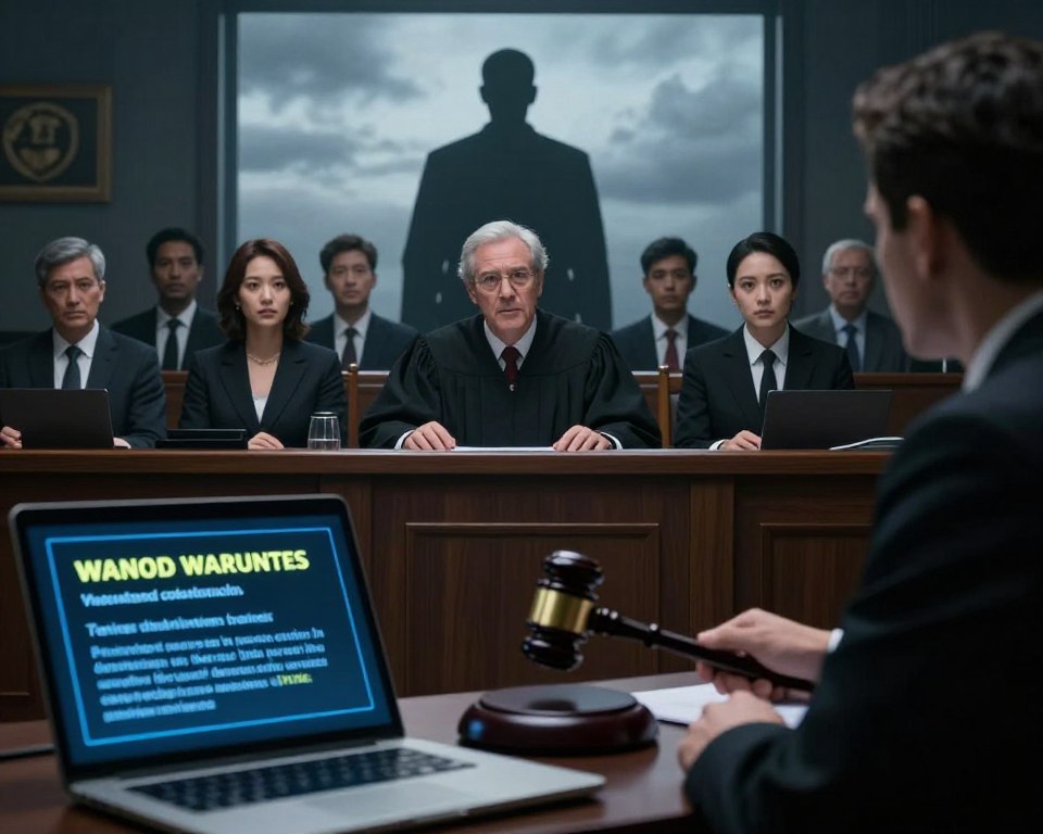 A stark courtroom scene depicting a judge addressing a gavel representing justice, with a shadowy figure in the background symbolizing unauthorized IPTV services. The foreground features a digital screen showing warnings about illegal service providers, highlighted by sharp, dramatic lighting to create an intense atmosphere. In the middle, a diverse group of professionals in business attire—lawyers and an IT expert—discuss the implications of sanctions, their expressions serious and focused. The background shows a large window with a gloomy, overcast sky, enhancing the mood of urgency and consequence. The scene captures the tensions involved in legislating against illegal IPTV vendors, emphasizing the legal ramifications within a formal setting.