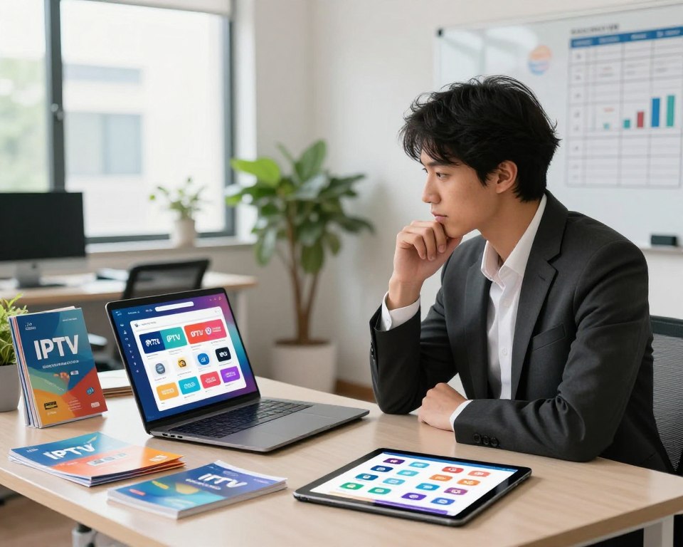 A thoughtful person in business attire, seated at a sleek desk, surrounded by various colorful brochures and digital devices displaying IPTV logos, focusing on choosing the right legal IPTV subscription. In the foreground, a laptop is open with a vibrant user interface showcasing options, while a tablet on the side holds comparisons of different services. The background is a well-lit modern office space with large windows letting in natural light, plants, and a whiteboard filled with charts and checklists. The atmosphere is professional yet inviting, embodying a sense of decision-making and clarity. The image should be bright, with a warm color palette, emphasizing a productive and informative vibe.