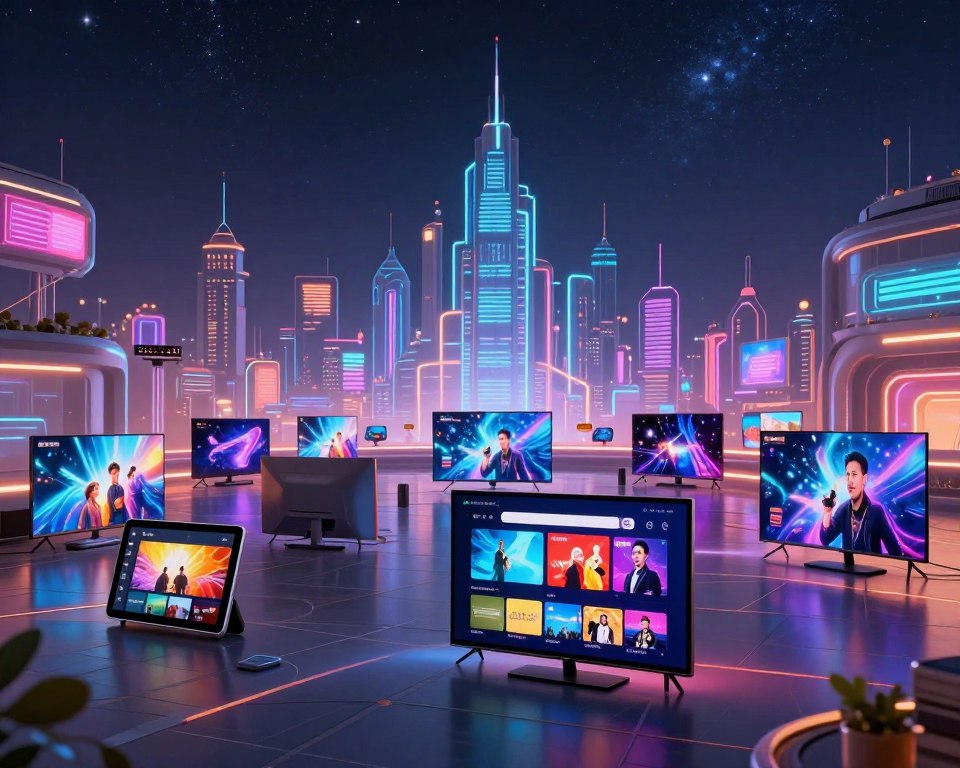 A vibrant and dynamic scene depicting a limitless universe of entertainment. In the foreground, an assortment of digital devices, like tablets and smart TVs, showcase various streaming options with colorful visuals. In the middle, a stylized, futuristic cityscape filled with neon lights and holographic displays exudes a sense of advanced technology and connectivity. The background features a starlit sky, symbolizing endless possibilities. Soft, ambient lighting casts a warm glow throughout the scene, emphasizing the inviting atmosphere of entertainment. The overall mood should be exciting and inspiring, inviting viewers to explore a new world of digital content. The scene is viewed from a slightly elevated angle, enhancing the sense of depth and immersion. No text or symbols should be present in the image.