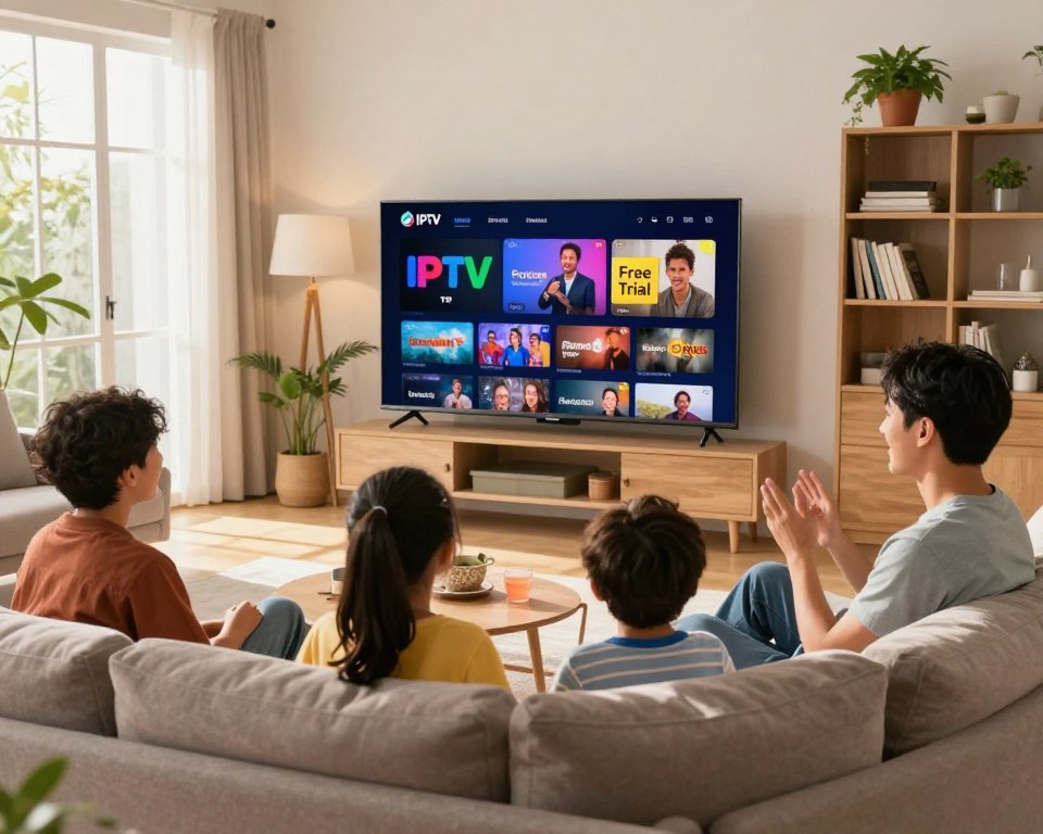 A vibrant and inviting living room setting showcasing a sleek, modern television displaying a dynamic IPTV interface. In the foreground, a family of four, dressed in smart casual clothing, sits comfortably on a plush sofa, their expressions reflecting joy and engagement as they navigate through various IPTV channels and options. In the middle, the television screen prominently features a colorful IPTV logo and a “Free Trial” badge, symbolizing the offer. Sunlight streams in through a large window, illuminating the room with a warm glow, creating a cozy atmosphere. In the background, a stylish bookshelf and indoor plants add a touch of personalization and comfort to the space. The overall mood is inviting and informative, emphasizing a hassle-free IPTV trial experience.