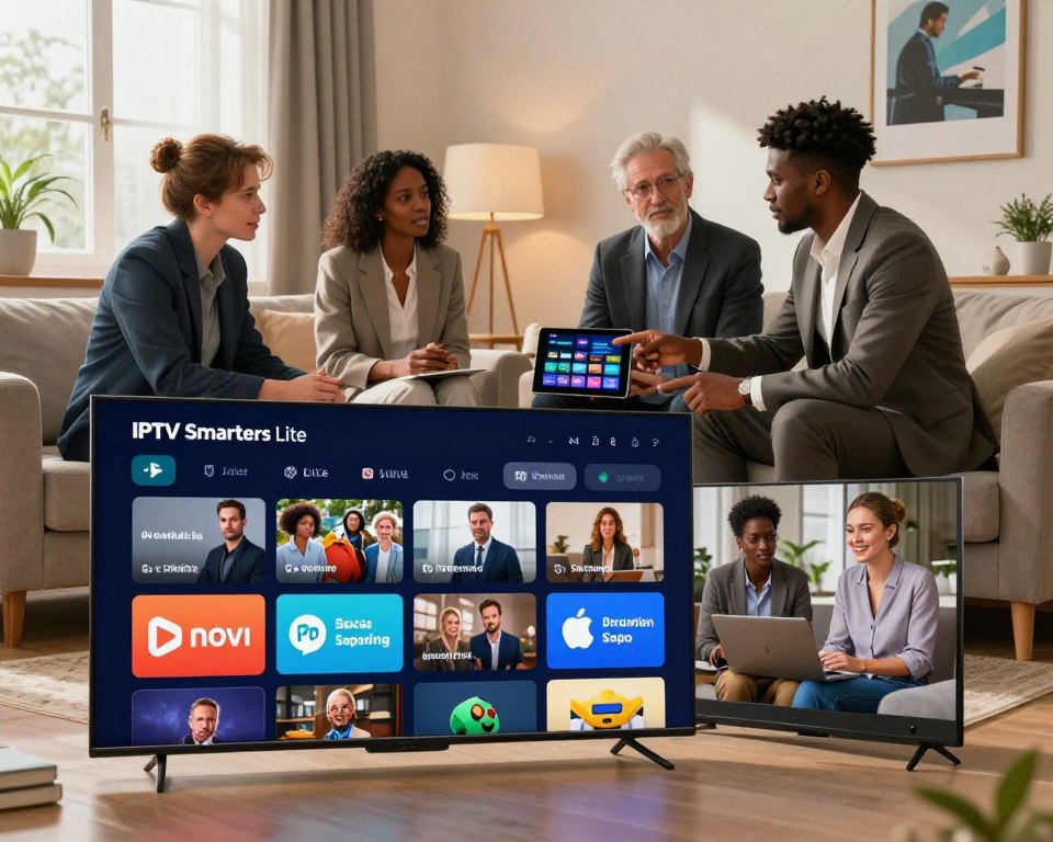 A vibrant digital collage depicting a selection of streaming subscription icons and related imagery, emphasizing IPTV Smarters Lite. In the foreground, a sleek modern television displays a user interface showcasing various subscription options. In the middle, a diverse group of three professionals in business attire are engaged in discussion, with one pointing at a tablet that shows the streaming service. The background features a cozy living room with plush furnishings, warm lighting, and wall art that reflects a tech-savvy atmosphere. The overall mood is inviting and modern, highlighting the ease of choosing streaming subscriptions while enjoying a smart TV experience, captured at eye level with soft natural light streaming through a window.