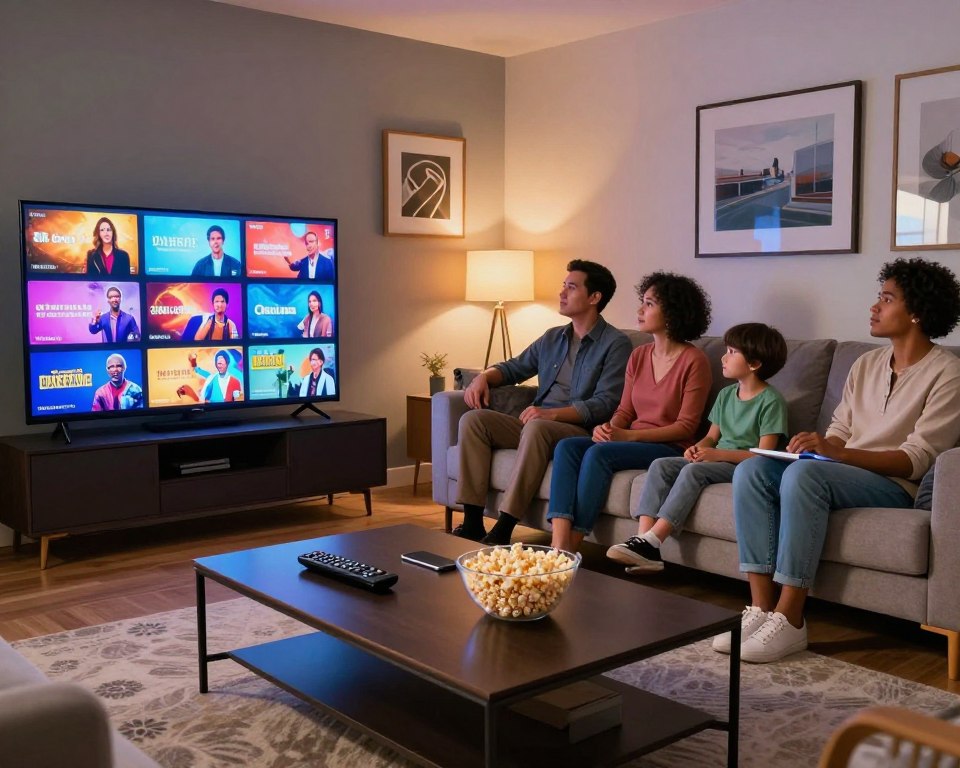 A vibrant living room scene featuring a modern television displaying a diverse array of colorful TV channels and programs. In the foreground, a sleek coffee table is adorned with a remote control, popcorn, and a phone, emphasizing a cozy viewing experience. In the middle ground, a stylish sofa is filled with family members of different ages, all dressed in casual yet professional attire, engaged and enjoying the screen, showcasing a mix of entertainment, news, and sports channels. The background features a well-decorated wall with framed artwork and subtle ambient lighting that creates a warm, inviting atmosphere. The angle is slightly elevated to capture the full scene, accentuating the sense of immersion in a world of television programming.