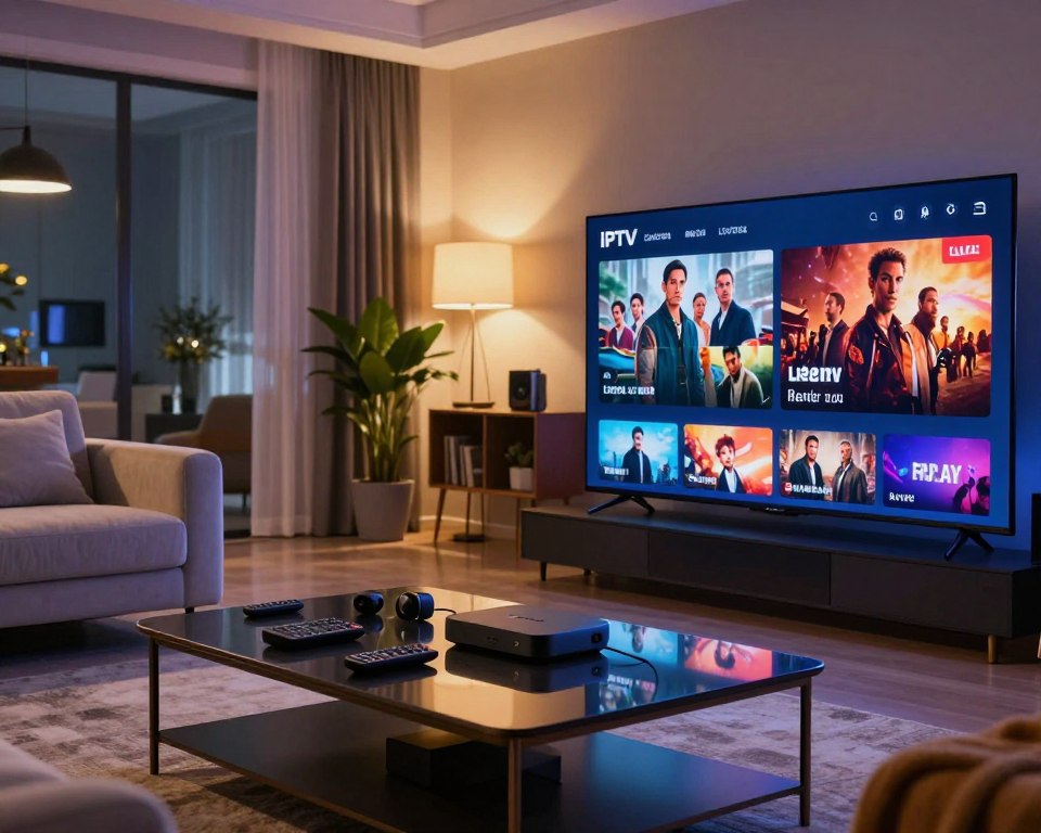 A vibrant, modern digital workspace showcasing various types of IPTV content. In the foreground, a sleek, high-tech television screen displays scenes from films and series, with a clear divide showing live streaming content on one side and a replay option on the other. In the middle, a stylish coffee table is cluttered with remote controls and streaming devices, reflecting an engaging viewing experience. The background features a cozy living room with soft, ambient lighting creating a warm atmosphere, complemented by plush sofas and a stylish decor. The composition should capture the excitement and richness of diverse IPTV offerings, highlighting the enjoyment of watching movies, series, and live broadcasts in a sophisticated and inviting environment. The perspective should be slightly angled to emphasize depth and connectivity within the space.