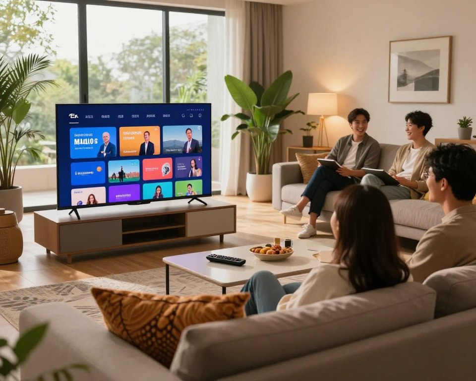 A vibrant modern living room showcasing the advantages of internet television. In the foreground, a sleek flat-screen TV displaying a colorful streaming interface, flanked by a cozy sofa adorned with decorative cushions. The middle ground features a stylish coffee table with a remote control and snacks. In the background, large windows allow natural light to flood the room, highlighting indoor plants and contemporary decor. The atmosphere feels cozy and inviting, emphasizing relaxation and entertainment. Include a subtle hint of people enjoying the experience, dressed in casual, professional attire, engaged in cheerful interaction. The lighting is warm and welcoming, captured from a slight angle to create depth and dynamic composition.