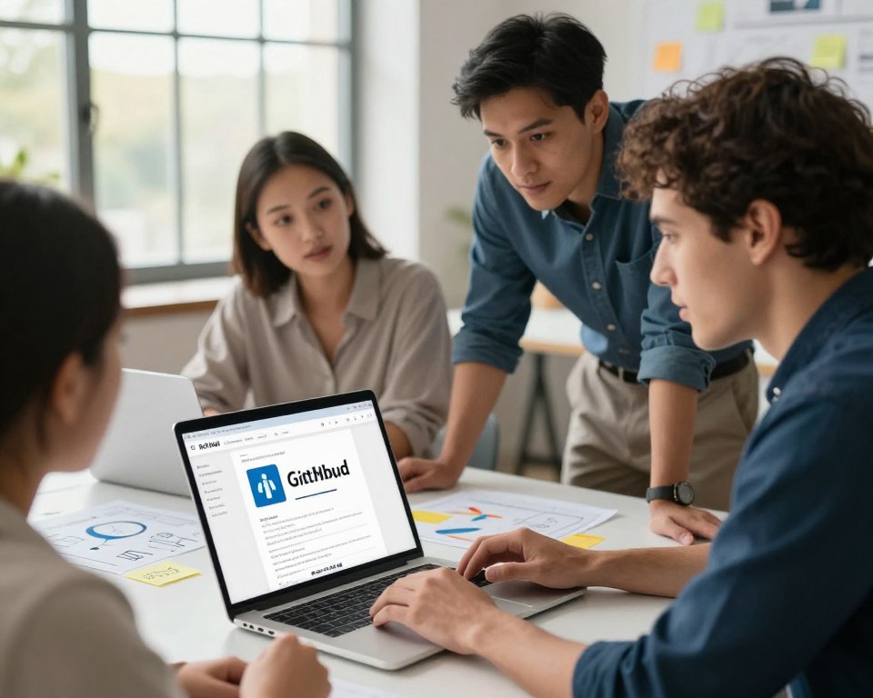 A vibrant workspace scene focused on collaboration for GitHub contributions. In the foreground, a diverse group of three professionals, one woman and two men, are intently discussing ideas over a laptop displaying the GitHub interface. They exhibit a spirit of teamwork, dressed in smart casual attire. The middle layer features sticky notes and diagrams spread across a table, symbolizing brainstorming and ideation. In the background, a large window lets in natural light, creating a warm, inviting atmosphere. The soft lighting emphasizes the energy and creativity of the environment. The angle is slightly above the table, capturing both the laptop screen and the engaged expressions of the team, illustrating the theme of enhancing and adding to GitHub repositories.
