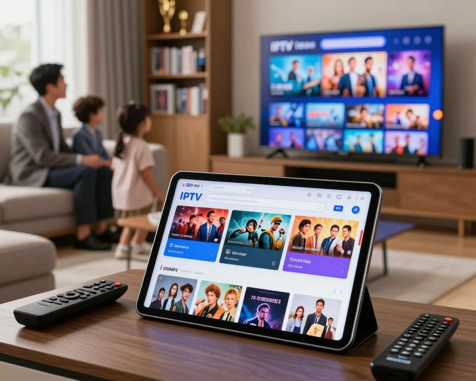 A visually appealing scene depicting a vibrant IPTV catalog showcasing various channels, movies, and VOD programs. In the foreground, a large, sleek digital tablet displays colorful thumbnails of various shows and movies, surrounded by remote controls and devices for streaming. The middle ground can feature an inviting, modern living room with a cozy seating area, where a family in professional business attire is engaged, watching content on a large, high-definition TV. The background reveals a stylish bookshelf filled with DVDs and trophies, subtly indicating a rich entertainment collection. Soft, warm lighting creates a welcoming atmosphere, with a focus on the bright screen showing a diverse array of programs. The composition should convey excitement and accessibility, inviting viewers to explore the expansive catalog. A visually appealing scene depicting a vibrant IPTV catalog showcasing various channels, movies, and VOD programs. In the foreground, a large, sleek digital tablet displays colorful thumbnails of various shows and movies, surrounded by remote controls and devices for streaming. The middle ground can feature an inviting, modern living room with a cozy seating area, where a family in professional business attire is engaged, watching content on a large, high-definition TV. The background reveals a stylish bookshelf filled with DVDs and trophies, subtly indicating a rich entertainment collection. Soft, warm lighting creates a welcoming atmosphere, with a focus on the bright screen showing a diverse array of programs. The composition should convey excitement and accessibility, inviting viewers to explore the expansive catalog.