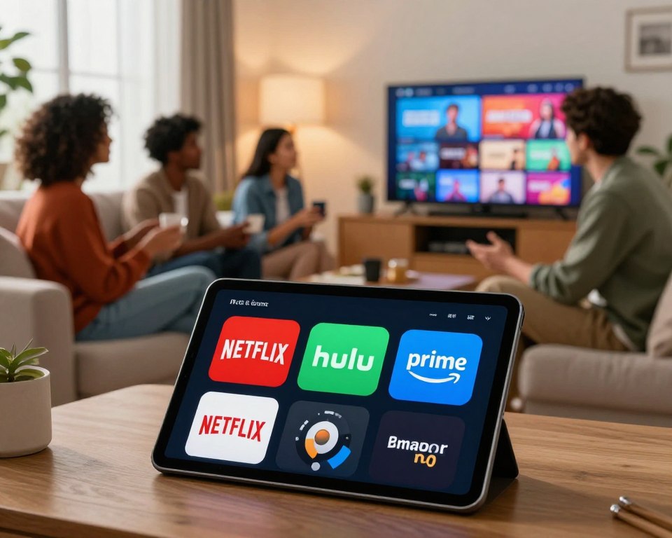 A visually engaging comparison image of popular streaming services themed around IPTV. In the foreground, showcase sleek icons of well-known streaming platforms like Netflix, Hulu, and Amazon Prime arranged on a modern digital tablet. The middle ground features diverse individuals of various ethnicities casually discussing and comparing these services, dressed in smart casual attire, with a backdrop of a cozy living room setting that has a large screen displaying vibrant streaming content. In the background, soft ambient lighting creates a warm and inviting atmosphere, while large windows let in natural daylight, enhancing the homey feel. Capture the scene from a slight angle to add depth and focus on the interaction among the individuals, ensuring a professional and friendly mood. A visually engaging comparison image of popular streaming services themed around IPTV. In the foreground, showcase sleek icons of well-known streaming platforms like Netflix, Hulu, and Amazon Prime arranged on a modern digital tablet. The middle ground features diverse individuals of various ethnicities casually discussing and comparing these services, dressed in smart casual attire, with a backdrop of a cozy living room setting that has a large screen displaying vibrant streaming content. In the background, soft ambient lighting creates a warm and inviting atmosphere, while large windows let in natural daylight, enhancing the homey feel. Capture the scene from a slight angle to add depth and focus on the interaction among the individuals, ensuring a professional and friendly mood.