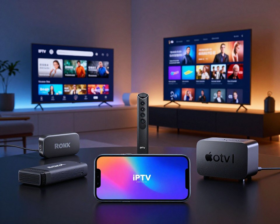 A visually engaging comparison of competing media players, featuring multiple sleek, modern digital devices like tablets, smartphones, and smart TVs, all displaying user-friendly interfaces related to IPTV services. In the foreground, highlight a vivid representation of the IPTV Smarters Pro logo on a smartphone screen, surrounded by devices like Roku, Firestick, and Apple TV, showcasing distinctive designs and interfaces. The middle layer includes a stylish workspace setup with dim ambient lighting and soft backlighting to create a tech-savvy atmosphere. In the background, a blurred hint of a contemporary living room suggests comfort and leisure. The overall mood should be dynamic and competitive, emphasizing innovation and user experience.