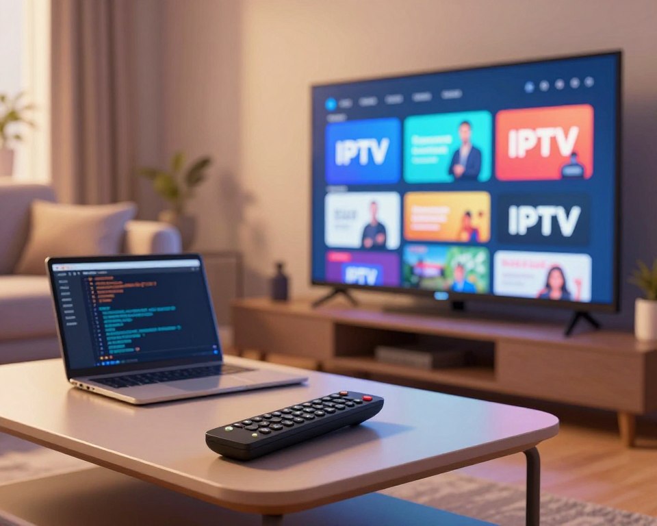 A visually engaging illustration of IPTV technology in action, featuring a modern living room setup. In the foreground, a sleek flat-screen television displays various streaming icons representing different channels. A remote control rests on a stylish coffee table, with a blurred laptop showing IPTV code snippets in the middle ground. The background includes a cozy couch and soft ambient lighting, casting gentle shadows to create a warm atmosphere. The scene emphasizes connectivity and ease of access, with a digital feel that conveys the essence of IPTV technology. The overall mood is inviting and informative, ideal for understanding how IPTV codes work in France. A visually engaging illustration of IPTV technology in action, featuring a modern living room setup. In the foreground, a sleek flat-screen television displays various streaming icons representing different channels. A remote control rests on a stylish coffee table, with a blurred laptop showing IPTV code snippets in the middle ground. The background includes a cozy couch and soft ambient lighting, casting gentle shadows to create a warm atmosphere. The scene emphasizes connectivity and ease of access, with a digital feel that conveys the essence of IPTV technology. The overall mood is inviting and informative, ideal for understanding how IPTV codes work in France.