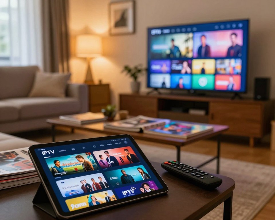 A visually engaging scene showcasing various IPTV subscription plans, with vibrant visuals of streaming content. In the foreground, display a sleek digital tablet showing different streaming icons, such as movies and TV shows, in a bustling home environment. In the middle ground, have a stylish coffee table cluttered with magazines and a remote control, suggesting a cozy viewing area. The background should feature a softly lit living room, with a comfortable couch and a large flat-screen TV displaying a menu of IPTV options. Utilize warm, inviting lighting to create a welcoming atmosphere, while maintaining a modern aesthetic. A perspective shot from a low angle can enhance the sense of space. Aim for a mood of entertainment and accessibility, focusing on the appeal of diverse streaming choices. A visually engaging scene showcasing various IPTV subscription plans, with vibrant visuals of streaming content. In the foreground, display a sleek digital tablet showing different streaming icons, such as movies and TV shows, in a bustling home environment. In the middle ground, have a stylish coffee table cluttered with magazines and a remote control, suggesting a cozy viewing area. The background should feature a softly lit living room, with a comfortable couch and a large flat-screen TV displaying a menu of IPTV options. Utilize warm, inviting lighting to create a welcoming atmosphere, while maintaining a modern aesthetic. A perspective shot from a low angle can enhance the sense of space. Aim for a mood of entertainment and accessibility, focusing on the appeal of diverse streaming choices.