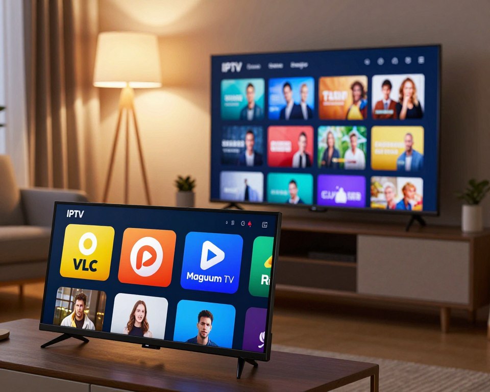 A visually striking and informative image depicting various alternative IPTV applications, set in a cozy, modern living room environment. In the foreground, an array of sleek, colorful app icons representing IPTV alternatives like VLC, Perfect Player, and Magnum TV are displayed on a stylized digital screen. The middle ground features a streamlined smart TV, showcasing a user-friendly interface with vibrant thumbnails of popular shows and channels. In the background, soft ambient lighting emanates from a stylish floor lamp, casting a warm glow over the room, enhancing the inviting atmosphere. The scene is shot from a slightly angled perspective, providing depth. Overall, the mood conveys a sense of exploration and modern technology in home entertainment. A visually striking and informative image depicting various alternative IPTV applications, set in a cozy, modern living room environment. In the foreground, an array of sleek, colorful app icons representing IPTV alternatives like VLC, Perfect Player, and Magnum TV are displayed on a stylized digital screen. The middle ground features a streamlined smart TV, showcasing a user-friendly interface with vibrant thumbnails of popular shows and channels. In the background, soft ambient lighting emanates from a stylish floor lamp, casting a warm glow over the room, enhancing the inviting atmosphere. The scene is shot from a slightly angled perspective, providing depth. Overall, the mood conveys a sense of exploration and modern technology in home entertainment.