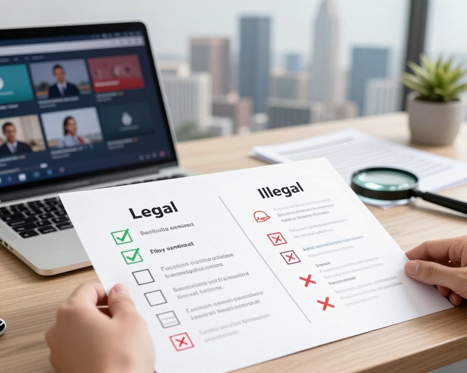 A visually striking check-list design that presents a dual concept: legal and illegal IPTV services. In the foreground, a well-organized checklist partitioned into two sections labeled "Legal" and "Illegal," with distinct icons representing each category, such as a green checkmark for legal services and a red cross for illegal ones. The middle ground features a modern workspace, with a laptop displaying streaming icons, legal documents, and a magnifying glass emphasizing research. In the background, a blurred city skyline suggests a technological ambiance. The scene is illuminated with soft, natural lighting, creating a professional and informative atmosphere. The perspective is slightly elevated, providing a comprehensive view of the checklist while maintaining focus on its details.