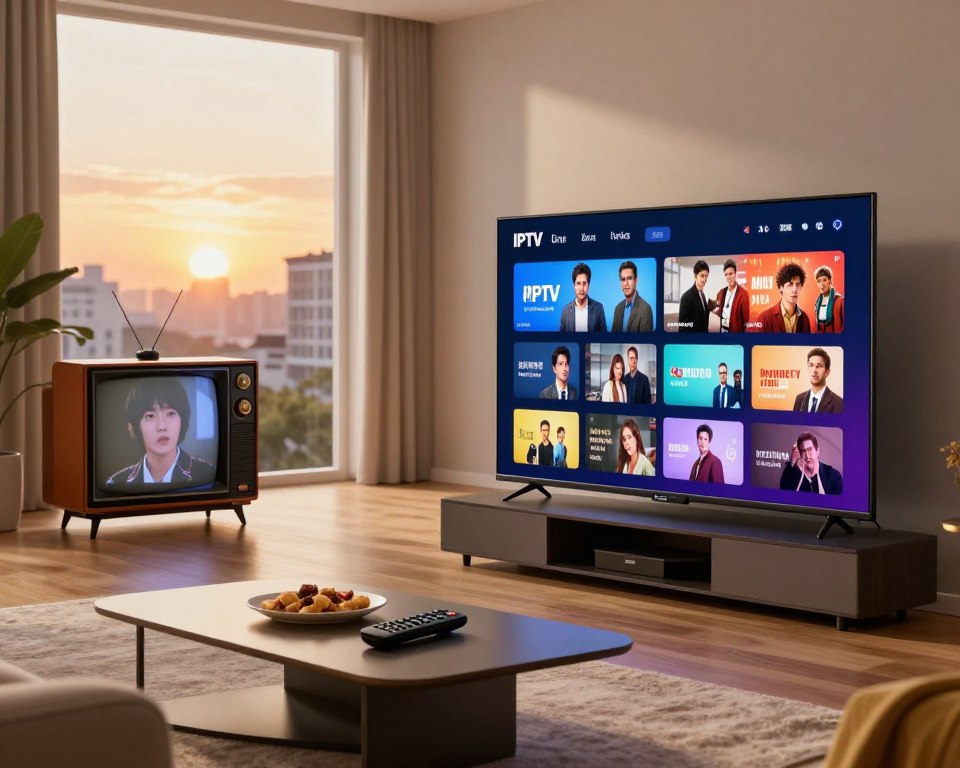 A visually striking comparison of IPTV and traditional television. In the foreground, a modern living room setting featuring a sleek IPTV setup with a vibrant screen displaying various streaming content, illuminated by soft, warm lighting. To the left, a classic traditional TV set with an old-fashioned design, showcasing a static image. In the middle ground, the room is adorned with cozy furniture and a stylish coffee table with remote controls and snacks placed neatly. The background includes a window with a view of a serene urban landscape during sunset, casting a pleasant golden glow. The overall mood is inviting and contemporary, emphasizing the advanced technology of IPTV contrasted with the nostalgia of traditional TV. The angle captures both setups side by side to highlight their differences effectively.