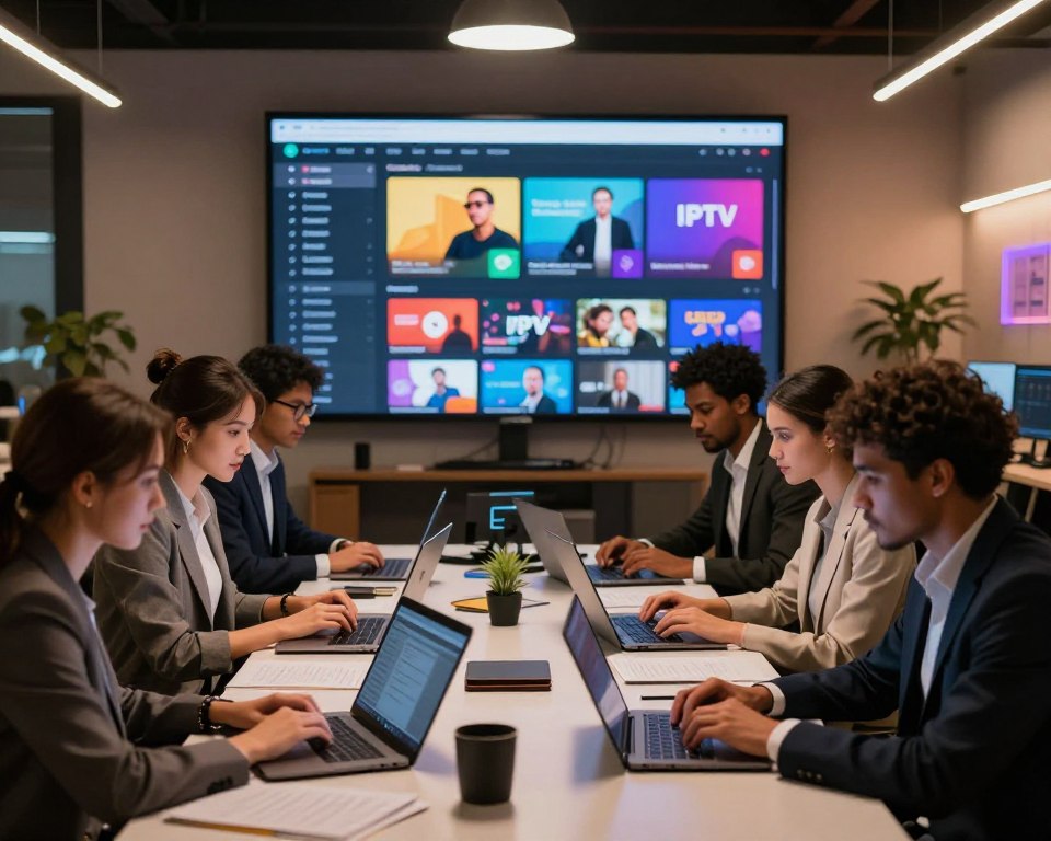 A visually striking depiction of a collaborative online community engaging in quality playlist creation for IPTV services. In the foreground, diverse individuals of varying ethnicities, dressed in professional business attire, are focused on their laptops, surrounded by notes and digital devices. The middle ground features a large screen displaying a vibrant, animated interface of a playlist filled with colorful icons representing various TV channels. The background shows a modern, tech-savvy workspace with LED lights casting a warm glow, enhancing the atmosphere of creativity and collaboration. The overall mood is dynamic and inspiring, capturing the essence of teamwork and passion for quality content. Use soft, diffused lighting to create an inviting ambiance.
