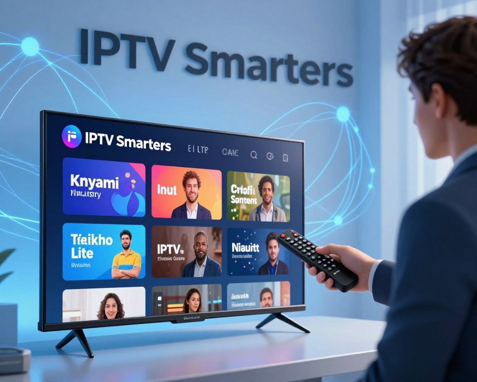 A visually striking digital illustration depicting the competitive advantages of IPTV Smarters Player Lite in the streaming industry. In the foreground, a sleek, modern smart TV display showcasing content from IPTV Smarters, with vibrant colors and engaging visuals. The middle ground features a person, dressed in professional business attire, interacting with a remote control, their expression reflecting satisfaction and ease of use. The background includes abstract representations of connectivity and streaming with flowing lines symbolizing data transfer and technology, bathed in a soft, high-tech blue light. The overall atmosphere conveys innovation and efficiency, emphasizing the advantages of advanced streaming solutions in a contemporary setting. A visually striking digital illustration depicting the competitive advantages of IPTV Smarters Player Lite in the streaming industry. In the foreground, a sleek, modern smart TV display showcasing content from IPTV Smarters, with vibrant colors and engaging visuals. The middle ground features a person, dressed in professional business attire, interacting with a remote control, their expression reflecting satisfaction and ease of use. The background includes abstract representations of connectivity and streaming with flowing lines symbolizing data transfer and technology, bathed in a soft, high-tech blue light. The overall atmosphere conveys innovation and efficiency, emphasizing the advantages of advanced streaming solutions in a contemporary setting.