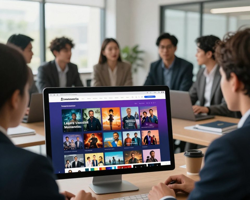 A visually striking image capturing the concept of legal streaming sources, designed to illustrate the importance of legality in digital broadcasting. In the foreground, depict a sleek computer or tablet displaying a vibrant streaming platform interface, showcasing an array of legal movie and TV series thumbnails. The middle layer can feature a diverse group of professional individuals, dressed in business attire, engaged in a thoughtful discussion about the benefits of legal streaming, with charts and graphs about streaming legality and benefits subtly in view. The background should present an inviting, modern office space with large windows allowing natural light to fill the room, creating a warm and professional atmosphere. Use soft, focused lighting to emphasize the subjects and their engagement, with a slightly blurred background to highlight the discussion.