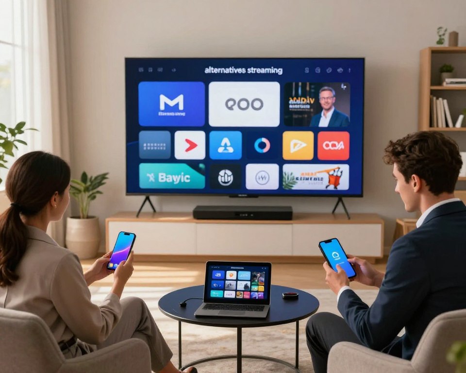 A visually striking image illustrating the concept of "alternatives streaming." In the foreground, feature a diverse group of three professionals, each engaged with various streaming devices—smartphones, tablets, and laptops—adorned in professional business attire. In the middle ground, showcase a modern, sleek living room with a large screen displaying multiple streaming app logos in a collage-style arrangement. Soft ambient lighting enhances the space, with natural sunlight filtering through large windows, creating a warm and inviting atmosphere. In the background, include subtle elements like bookshelves and potted plants to evoke a cozy, tech-savvy environment. Emphasize clarity and vibrant colors to reflect a sense of innovation and choice in the streaming landscape.
