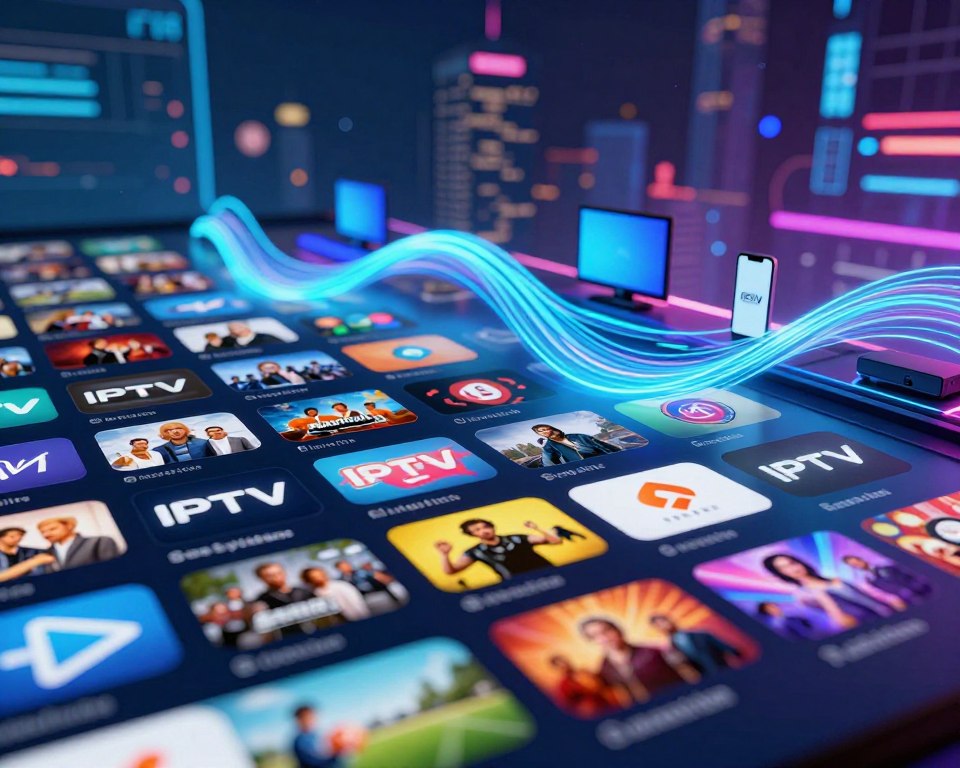 A visually striking representation of the popularity of IPTV playlists, focusing on a vibrant digital landscape. In the foreground, display an array of colorful playlists represented as engaging visual elements, like icons and thumbnails, showcasing diverse genres: movies, sports, and music. In the middle ground, illustrate abstract digital waves or streams, symbolizing the flow of entertainment and connectivity, with icons of devices like TVs and smartphones seamlessly integrated. The background should feature a tech-inspired, softly glowing cityscape or digital interface, with dynamic lighting that suggests a thriving online entertainment environment. The overall mood should be energetic and inviting, capturing the spirit of modern digital entertainment. Use high contrast and vivid colors to evoke excitement and engagement.