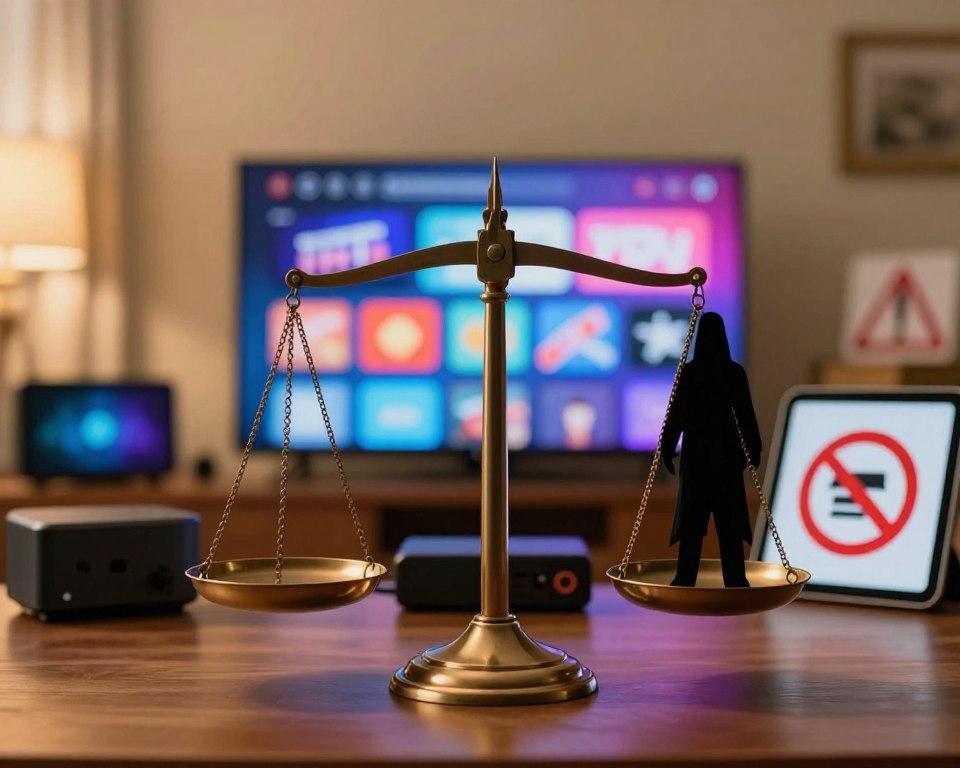 A visually striking scene illustrating the theme of legal versus illegal streaming. In the foreground, a balanced scale symbolizes justice, with a vibrant digital screen displaying vibrant streaming icons on one side and a dark, shadowy figure representing piracy on the other. The middle ground features a variety of streaming devices, like smart TVs and tablets, mixed with warning signs such as a red exclamation mark and a crossed-out streaming symbol. The background is a blurred representation of a cozy living room, subtly illuminated by soft golden light to evoke a sense of comfort and digital safety. The image should capture a mood of caution and responsibility, showcasing the importance of making informed choices in IPTV consumption.