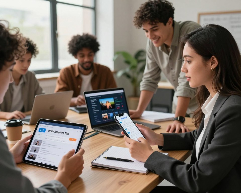 A visually striking scene showcasing a group of diverse users engaged in testing the IPTV Smarters Pro application on various devices like tablets and smartphones. In the foreground, a professional woman in business attire is intently swiping through reviews, with a look of curiosity and interest. Beside her, a man in a smart-casual outfit examines the application on his laptop, smiling as he shares feedback with a colleague. The middle ground features an open laptop displaying the IPTV interface while scattered notebooks, pen, and coffee mugs imply an intensive review session. The background is a modern office space with soft natural light streaming through large windows, creating a warm, collaborative atmosphere. The image conveys engagement and insight, highlighting user experience and feedback. A visually striking scene showcasing a group of diverse users engaged in testing the IPTV Smarters Pro application on various devices like tablets and smartphones. In the foreground, a professional woman in business attire is intently swiping through reviews, with a look of curiosity and interest. Beside her, a man in a smart-casual outfit examines the application on his laptop, smiling as he shares feedback with a colleague. The middle ground features an open laptop displaying the IPTV interface while scattered notebooks, pen, and coffee mugs imply an intensive review session. The background is a modern office space with soft natural light streaming through large windows, creating a warm, collaborative atmosphere. The image conveys engagement and insight, highlighting user experience and feedback.