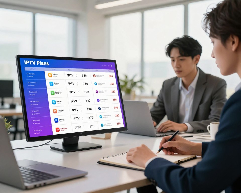 A well-organized and detailed comparison chart illustrating affordable IPTV subscription offers. In the foreground, a sleek digital device displaying a colorful grid of IPTV plans and pricing, each panel showcasing logos and features of different providers. In the middle ground, a professional in business attire reviews the chart while sitting at a modern desk adorned with a laptop and notepad, analyzing the options. The background features a bright, spacious office environment with large windows allowing natural light to flood the space, creating an atmosphere of clarity and focus. The image should evoke a sense of professionalism and accessibility, with soft, warm lighting that emphasizes a collaborative tech-savvy mood.