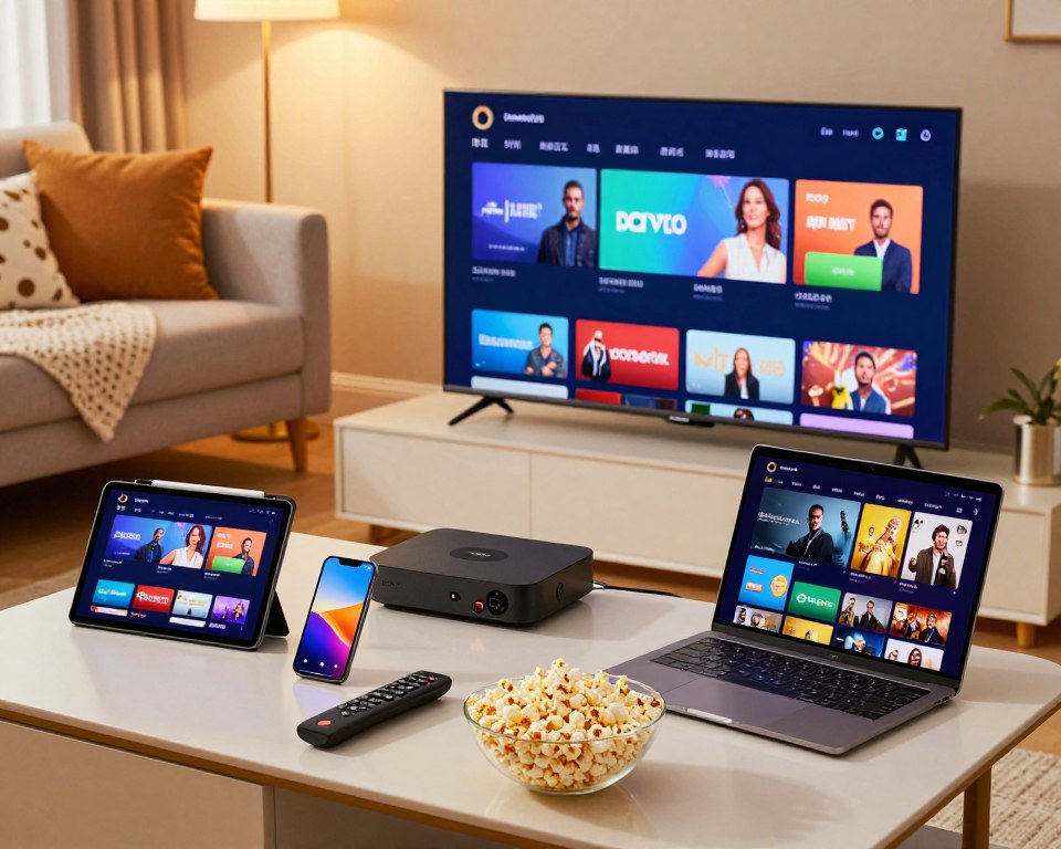 A well-organized living room showcasing various streaming devices, including a smart TV, tablet, smartphone, and laptop, all connected and displaying popular streaming applications. The foreground features a sleek coffee table with a remote and a bowl of popcorn, inviting a cozy atmosphere. In the middle, the TV screen glows with vibrant colors, presenting a streaming service logo prominently. The background shows a comfortable couch with decorative cushions under warm, soft lighting, enhancing the welcoming feel of the space. The scene is shot from a slightly elevated angle, capturing the devices in action and illustrating a modern, tech-savvy lifestyle suitable for all devices. The overall mood is relaxed and engaging, perfect for family entertainment.