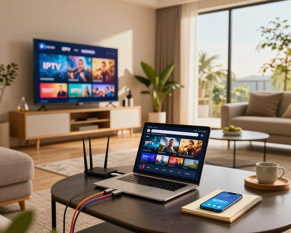 A wide-angle view of a modern, stylish living room with a large flat-screen TV displaying vibrant IPTV content. In the foreground, a focused shot of a sleek laptop connected to a router, with colorful cables visibly linking them. On a nearby coffee table, a notepad and a smartphone showing internet connectivity stats, emphasizing technical advice for optimizing the experience. The middle ground features a comfortable, well-lit seating area with plants and contemporary decor. Soft, warm lighting casts a cozy atmosphere, while a large window in the background reveals a sunny day outside, contributing to a sense of openness and relaxation. The overall mood is professional yet inviting, ideal for engaging readers in their IPTV trial experience.