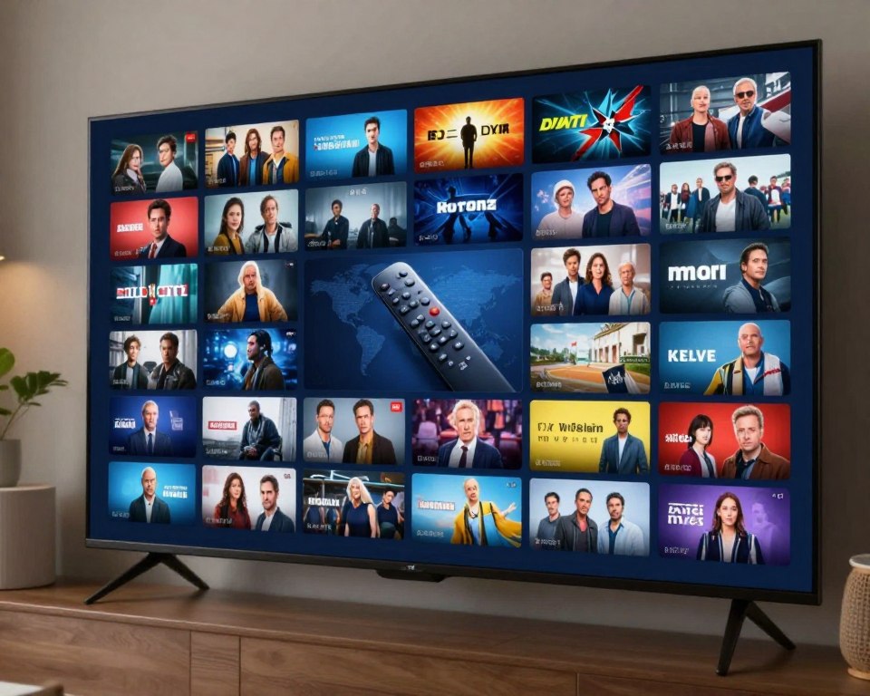 An expansive digital display showcasing a diverse array of international TV channels, arranged in a visually appealing grid format. In the foreground, vibrant thumbnails of various genres, including drama, sports, and documentaries, pop with color and detail. The middle layer shows a sleek, modern remote control partially visible, symbolizing user interaction and accessibility. The background features a soft-focus living room setting with cozy lighting, creating an inviting atmosphere. Subtle hints of world maps or flags can be integrated into the design, enhancing the theme of global connectivity. The overall mood is dynamic and engaging, tailored for a tech-savvy audience, with a polished, high-resolution finish that captures the excitement of endless content possibilities.