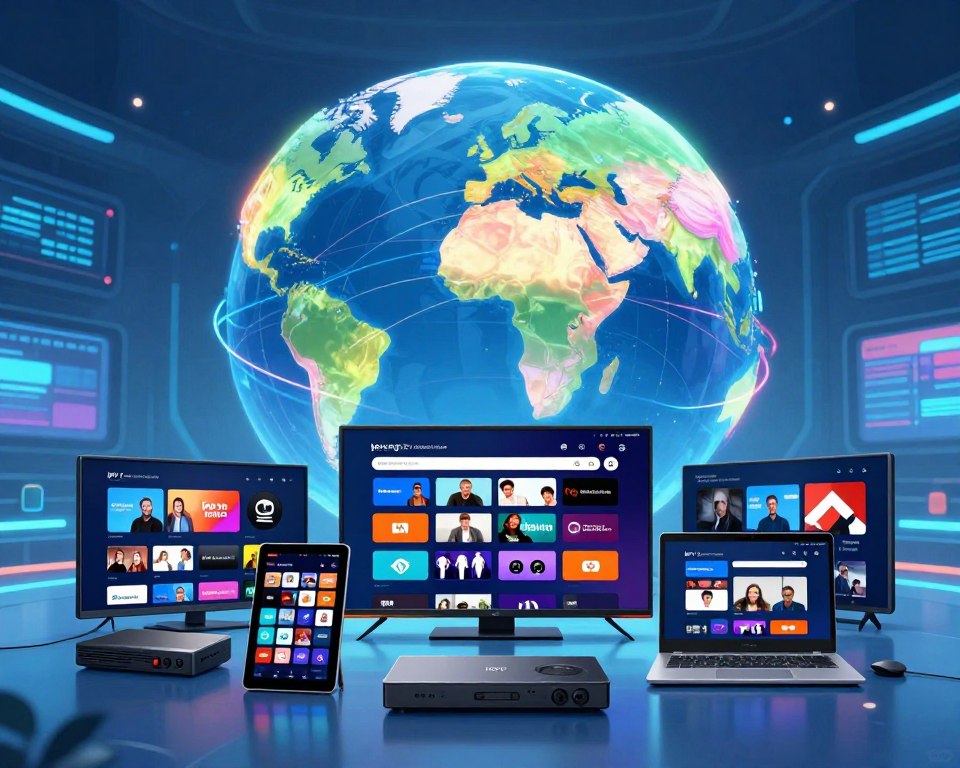 An illustrated representation showcasing the concept of "iptv-org iptv resource exhaustive." In the foreground, display an organized array of various digital streaming devices such as smart TVs, tablets, and laptops, all showing a colorful interface with channel icons. In the middle ground, incorporate a stylized globe that highlights different countries, symbolizing global access to IPTV channels, with vibrant, dynamic lines connecting each continent. The background features a sleek, modern tech environment, with soft blue lighting emanating from screens. The scene conveys a sense of innovation and global connectivity, evoking the richness of worldwide television offerings. The composition should reflect a professional and engaging atmosphere, suitable for a tech-savvy audience.