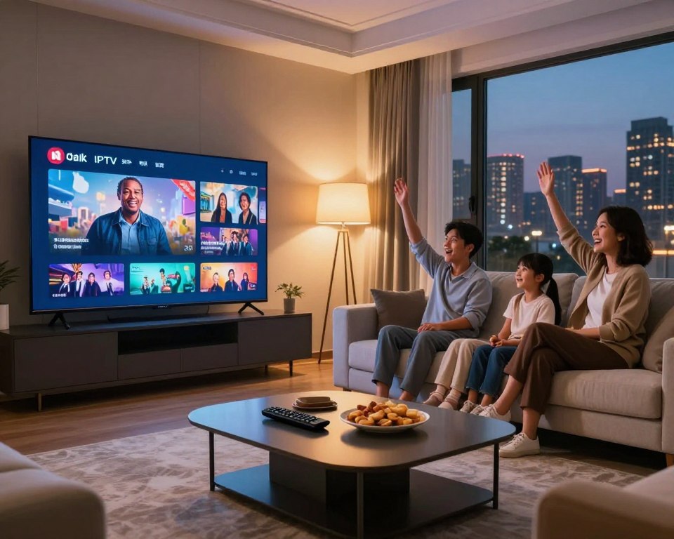 An immersive scene capturing an elegant living room with a modern large screen displaying high-definition IPTV content. In the foreground, a stylish coffee table with a sleek remote and snacks. In the middle ground, a comfortable sofa where a family of four sits, excitedly watching their favorite shows, dressed in cozy yet professional attire. The room is bathed in soft, warm lighting from a nearby lamp, creating a relaxed atmosphere. Large windows in the background showcase a beautiful evening skyline, hinting at a vibrant city life. The overall mood is one of enjoyment and togetherness, highlighting the exceptional image quality of dark IPTV streaming.
