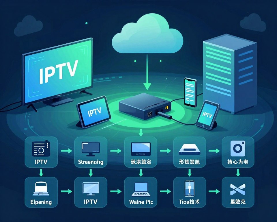 An informative and visually engaging illustration of the IPTV protocol in action. In the foreground, depict a detailed flowchart outlining the IPTV process with labeled icons representing streaming, content delivery, and user devices. The middle ground features a stylized representation of a home network with connected devices like smart TVs, tablets, and phones, showcasing their interaction with an IPTV server. The background should include a stylized cloud or data center, symbolizing content storage and delivery. Use a tech-inspired color palette with blue and green hues to convey a modern and dynamic atmosphere. Incorporate soft ambient lighting to create a professional and polished look, emphasizing clarity and understanding of the IPTV workflow. The composition should be well-balanced and organized.