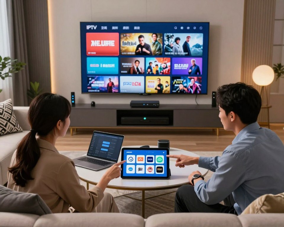 An informative and visually engaging scene illustrating the key criteria for choosing a streaming service, centered around a modern, sleek living room. In the foreground, a diverse group of three professionals, dressed in business casual attire, are discussing options while pointing at a tablet displaying various streaming service logos. In the middle, a comfortable sofa with decorative cushions, a stylish coffee table with a laptop, and a few streaming devices, like a smart TV and a set-top box. The background features a large wall-mounted screen showing a colorful array of movie and series thumbnails, with soft, ambient lighting creating a cozy, inviting atmosphere. The mood conveys collaboration and thoughtful decision-making, emphasizing an informed choice in IPTV services. An informative and visually engaging scene illustrating the key criteria for choosing a streaming service, centered around a modern, sleek living room. In the foreground, a diverse group of three professionals, dressed in business casual attire, are discussing options while pointing at a tablet displaying various streaming service logos. In the middle, a comfortable sofa with decorative cushions, a stylish coffee table with a laptop, and a few streaming devices, like a smart TV and a set-top box. The background features a large wall-mounted screen showing a colorful array of movie and series thumbnails, with soft, ambient lighting creating a cozy, inviting atmosphere. The mood conveys collaboration and thoughtful decision-making, emphasizing an informed choice in IPTV services.