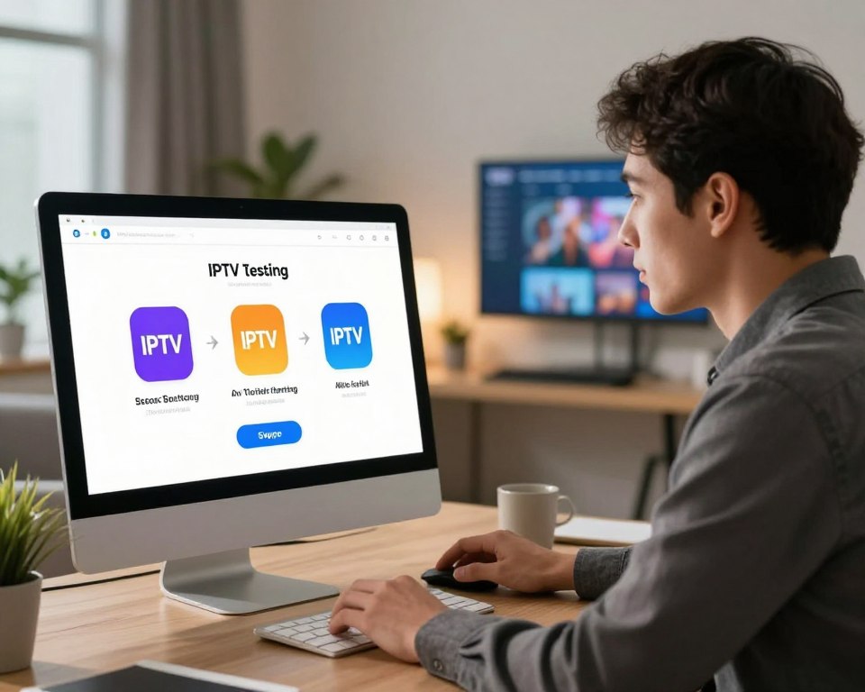 An organized and clear visual representation of a three-step procedure to access IPTV testing, showcasing a modern home office environment. In the foreground, a sleek desktop computer displays a user-friendly interface for IPTV access, with vibrant icons symbolizing the three steps. In the middle ground, a professional looking individual in business attire interacts with the computer, focused and engaged. The background features a minimalist workspace with soft lighting, a potted plant, and a wall-mounted screen displaying IPTV content. Ensure the lighting is warm and inviting, creating an atmosphere of efficiency and professionalism. Use a camera lens angle that highlights the interaction between the user and the computer screen, evoking a sense of clarity and simplicity in the process.